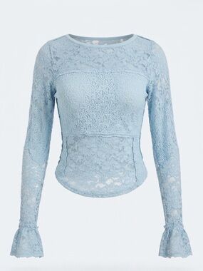 Free People Sheer Lace Flared Long Sleeve Top NWT Blue Small